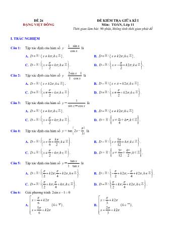 Đề kiểm tra giũa kì 1 môn Toán Lớp 11 - Đề 26 - Trường THPT Nho Quan A (Có lời giải chi tiết)