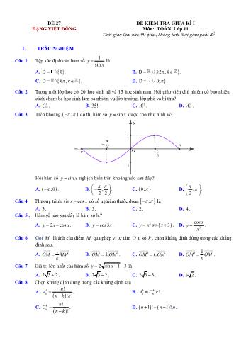 Đề kiểm tra giũa kì 1 môn Toán Lớp 11 - Đề 27 - Trường THPT Nho Quan A (Có lời giải chi tiết)