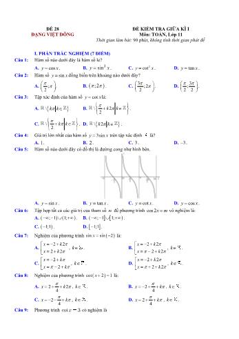 Đề kiểm tra giũa kì 1 môn Toán Lớp 11 - Đề 28 - Trường THPT Nho Quan A (Có lời giải chi tiết)