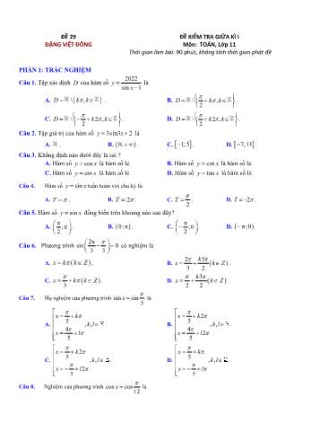 Đề kiểm tra giũa kì 1 môn Toán Lớp 11 - Đề 29 - Trường THPT Nho Quan A (Có lời giải chi tiết)