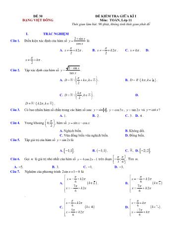 Đề kiểm tra giũa kì 1 môn Toán Lớp 11 - Đề 30 - Trường THPT Nho Quan A (Có lời giải chi tiết)