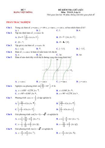 Đề kiểm tra giũa kì 1 môn Toán Lớp 11 - Đề 7 - Trường THPT Nho Quan A (Có lời giải chi tiết)