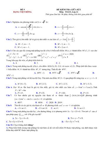 Đề kiểm tra giũa kì 1 môn Toán Lớp 11 - Đề 9 - Trường THPT Nho Quan A (Có lời giải chi tiết)