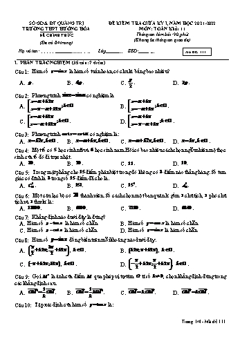 Đề kiểm tra giữa kì 1 môn Toán Lớp 11 - Mã đề 111 - Năm học 2021-2022 - Trường THPT Hướng Hóa (Có đáp án)