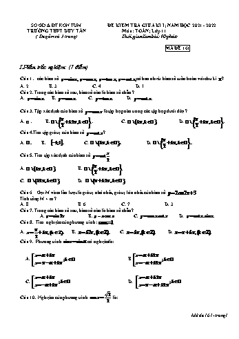Đề kiểm tra giữa kì 1 môn Toán Lớp 11 - Mã đề 161 - Năm học 2021-2022 - Trường THPT Duy Tân (Có đáp án)