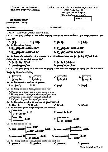 Đề kiểm tra giữa kì 1 môn Toán Lớp 11 - Mã đề TO111 - Năm học 2022-2023 - Trường THPT Tây Giang (Có đáp án)
