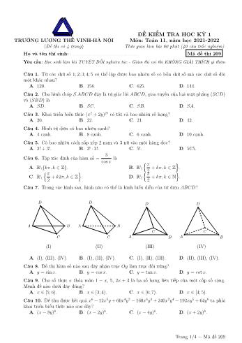 Đề kiểm tra học kì 1 môn Toán Lớp 11 - Mã đề 209 - Năm học 2021-2022 - Trường THPT Lương Thế Vinh (Có đáp án)
