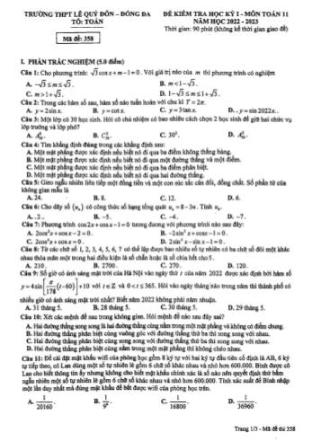 Đề kiểm tra học kì 1 môn Toán Lớp 11 - Mã đề 358 - Năm học 2022-2023 - Trường THPT Lê Quý Đôn