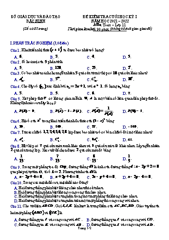 Đề kiểm tra học kì 1 môn Toán Lớp 11 - Năm học 2021-2022 - Sở giáo dục và đào tạo Bắc Ninh (Có đáp án)