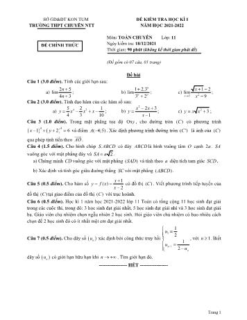 Đề kiểm tra học kì 1 môn Toán Lớp 11 - Năm học 2021-2022 - Trường THPT chuyên Nguyễn Tất Thành (Có đáp án)