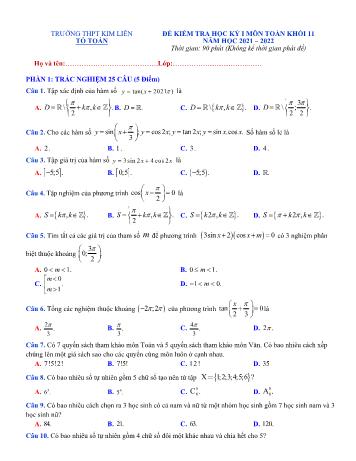 Đề kiểm tra học kì 1 môn Toán Lớp 11 - Năm học 2021-2022 - Trường THPT Kim Liên