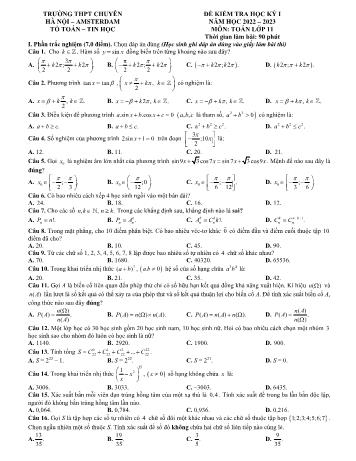Đề kiểm tra học kì 1 môn Toán Lớp 11 - Năm học 2022-2023 - Trường THPT chuyên Amsterdam (Có đáp án)