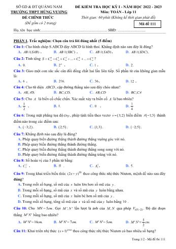 Đề kiểm tra học kì 1 môn Toán Lớp 11 - Năm học 2022-2023 - Trường THPT Hùng Vương (Có đáp án)