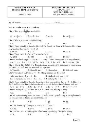 Đề kiểm tra học kì 1 môn Toán Lớp 11 - Năm học 2022-2023 - Trường THPT Ngô Gia Tự (Có đáp án)