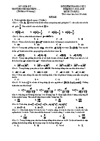 Đề kiểm tra học kì 1 môn Toán Lớp 11 - Năm học 2022-2023