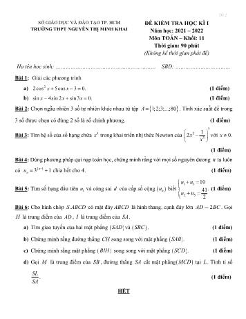 Đề kiểm tra học kì 2 môn Toán Lớp 11 - Đề 2 - Năm học 2021-2022 - Trường THPT Nguyễn Thị Minh Khai (Có đáp án)