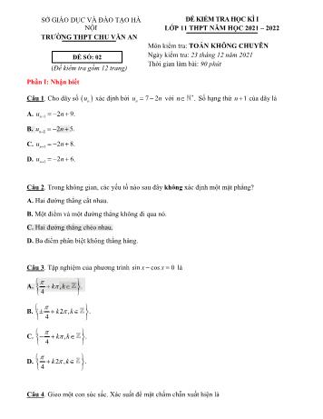 Đề kiểm tra học kì 2 môn Toán Lớp 11 - Đề 2 - Năm học 2021-2022 - Trường THPT Chu Văn An (Có đáp án)