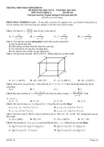 Đề kiểm tra học kì 2 môn Toán Lớp 11 - Mã đề 101 - Năm học 2021-2022 - Trường THPT Phan Đình Phùng (Có đáp án)