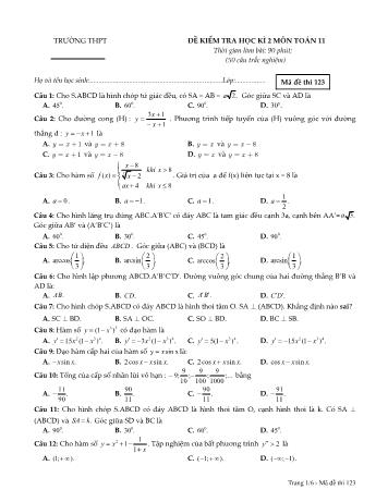 Đề kiểm tra học kì 2 môn Toán Lớp 11 - Mã đề 123 (Có đáp án)