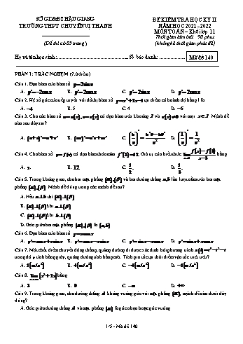 Đề kiểm tra học kì 2 môn Toán Lớp 11 - Mã đề 140 - Năm học 2021-2022 - Trường THPT chuyên Vị Thanh