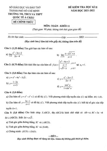 Đề kiểm tra học kì 2 môn Toán Lớp 11 - Năm học 2021-2022 - Trường THPT Quốc tế Á Châu