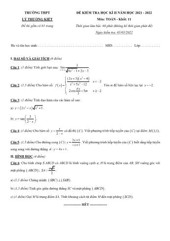 Đề kiểm tra học kì 2 môn Toán Lớp 11 - Năm học 2021-2022 - Trường THPT Lý Thường Kiệt