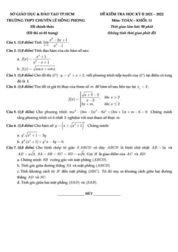 Đề kiểm tra học kì 2 môn Toán Lớp 11 - Năm học 2021-2022 - Trường THPT chuyên Lê Hồng Phong