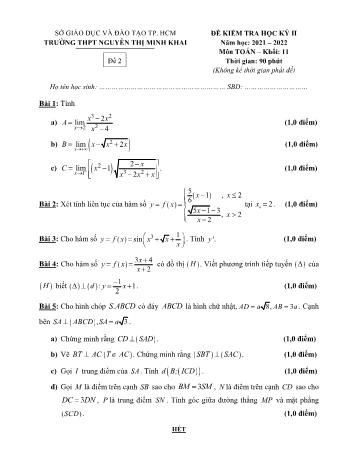 Đề kiểm tra học kì 2 môn Toán Lớp 11 - Năm học 2021-2022 - Trường THPT Nguyễn Thị Minh Khai (Có đáp án)