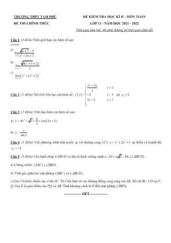 Đề kiểm tra học kì 2 môn Toán Lớp 11 - Năm học 2021-2022 - Trường THPT Tam Phú