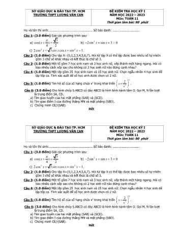 Đề kiểm tra học kì 2 môn Toán Lớp 11 - Năm học 2022-2023 - Trường THPT Lương Văn Can (Có đáp án)