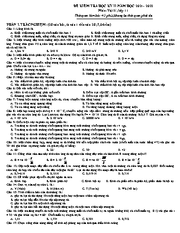 Đề kiểm tra học kì 2 môn Vật lí Lớp 11 - Năm học 2021-2022