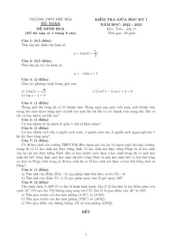 Đề minh họa kiểm tra giữa học kì 1 môn Toán Lớp 11 - Năm học 2022-2023 - Trường THPT Phú Hòa