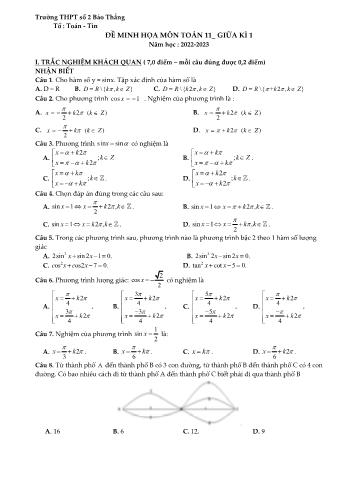 Đề minh họa kiểm tra giữa học kì 1 môn Toán Lớp 11 - Năm học 2022-2023 - Trường THPT số 2 Bảo Thắng (Có đáp án)