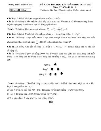 Đề minh họa kiểm tra học kì 1 môn Toán Lớp 11 - Năm học 2021-2022 - Trường THPT Marie Curie