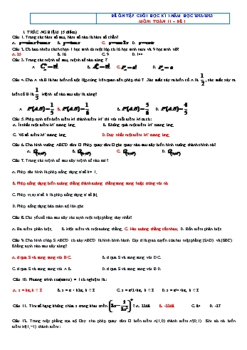 Đề ôn tập cuối học kì 1 môn Toán Lớp 11 - Đề 1 - Năm học 2022-2023
