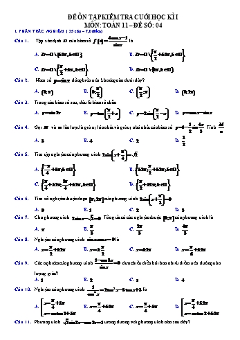 Đề ôn tập kiểm tra cuối học kì 2 môn Toán Lớp 11 - Đề số 04 (Có đáp án)