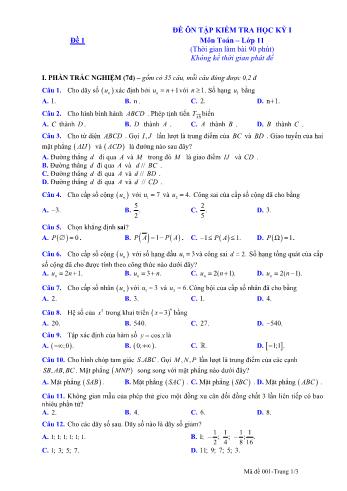 Đề ôn tập kiểm tra học kì 1 môn Toán Lớp 11 - Đề 1 - Năm học 2021-2022 (Có lời giải)