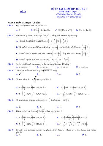 Đề ôn tập kiểm tra học kì 1 môn Toán Lớp 11 - Đề 10 (Có lời giải chi tiết)
