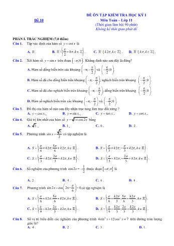 Đề ôn tập kiểm tra học kì 1 môn Toán Lớp 11 - Đề 10 - Năm học 2021-2022 (Có lời giải)