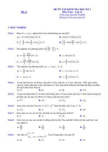 Đề ôn tập kiểm tra học kì 1 môn Toán Lớp 11 - Đề 11 (Có lời giải chi tiết)