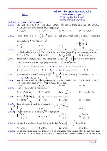 Đề ôn tập kiểm tra học kì 1 môn Toán Lớp 11 - Đề 12 (Có lời giải chi tiết)