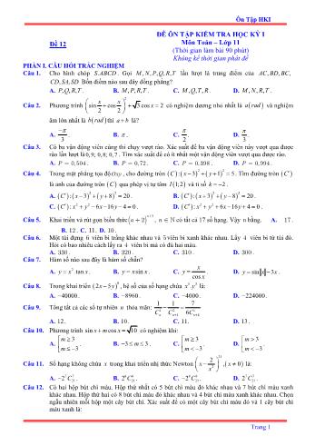Đề ôn tập kiểm tra học kì 1 môn Toán Lớp 11 - Đề 12 - Năm học 2021-2022 (Có lời giải)