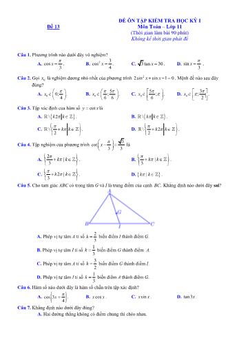 Đề ôn tập kiểm tra học kì 1 môn Toán Lớp 11 - Đề 13 (Có lời giải chi tiết)
