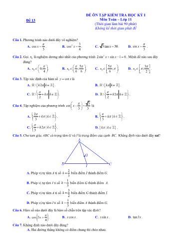 Đề ôn tập kiểm tra học kì 1 môn Toán Lớp 11 - Đề 13 - Năm học 2021-2022 (Có lời giải)