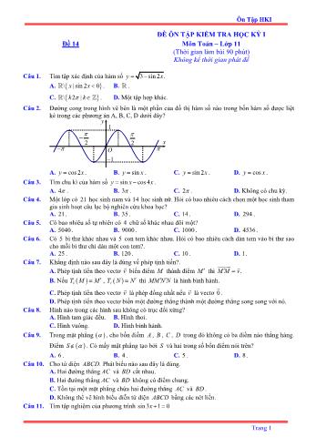 Đề ôn tập kiểm tra học kì 1 môn Toán Lớp 11 - Đề 14 - Năm học 2021-2022 (Có lời giải)