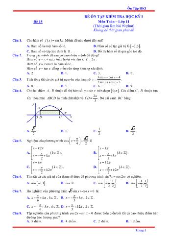 Đề ôn tập kiểm tra học kì 1 môn Toán Lớp 11 - Đề 15 - Năm học 2021-2022 (Có lời giải)