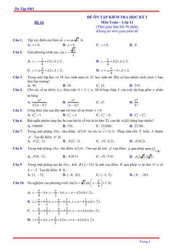 Đề ôn tập kiểm tra học kì 1 môn Toán Lớp 11 - Đề 16 - Năm học 2021-2022 (Có lời giải)