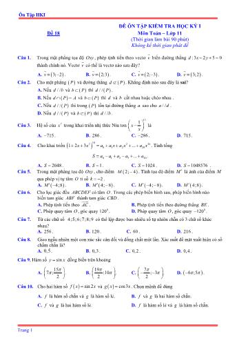 Đề ôn tập kiểm tra học kì 1 môn Toán Lớp 11 - Đề 18 - Năm học 2021-2022 (Có lời giải)