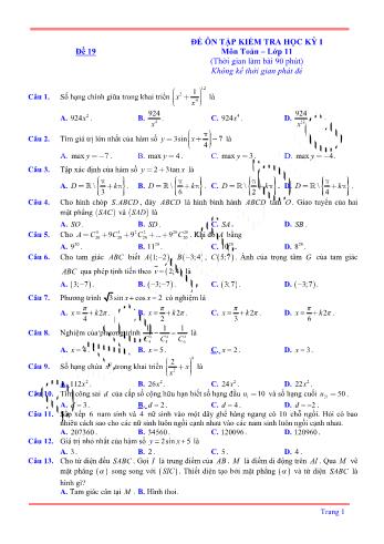 Đề ôn tập kiểm tra học kì 1 môn Toán Lớp 11 - Đề 19 (Có lời giải chi tiết)