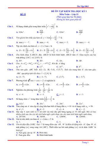 Đề ôn tập kiểm tra học kì 1 môn Toán Lớp 11 - Đề 19 - Năm học 2021-2022 (Có lời giải)